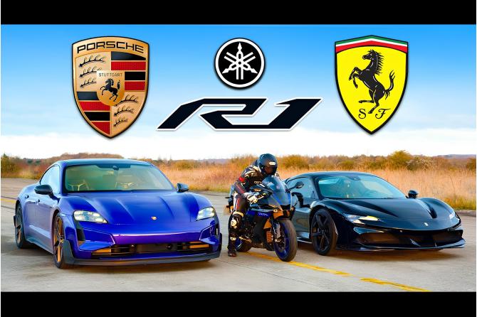 Porsche Taycan Turbo GT vs Ferrari SF90 vs Yamaha R1M 